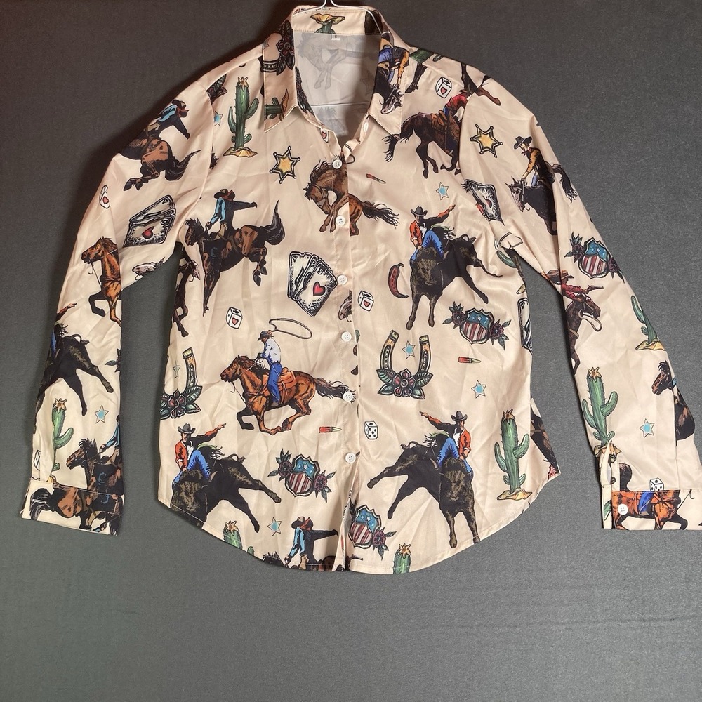 Rodeo Cowboy Print Shirt Western Wear Cowgirl Gift Horse Lover Blouse Small